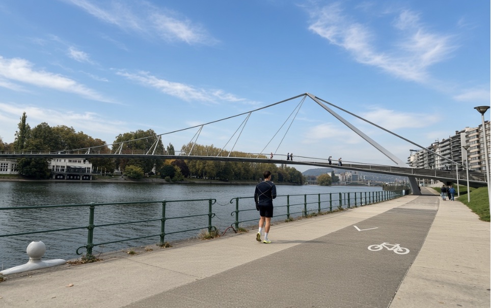 A runner beside a river and pedestrian bridge